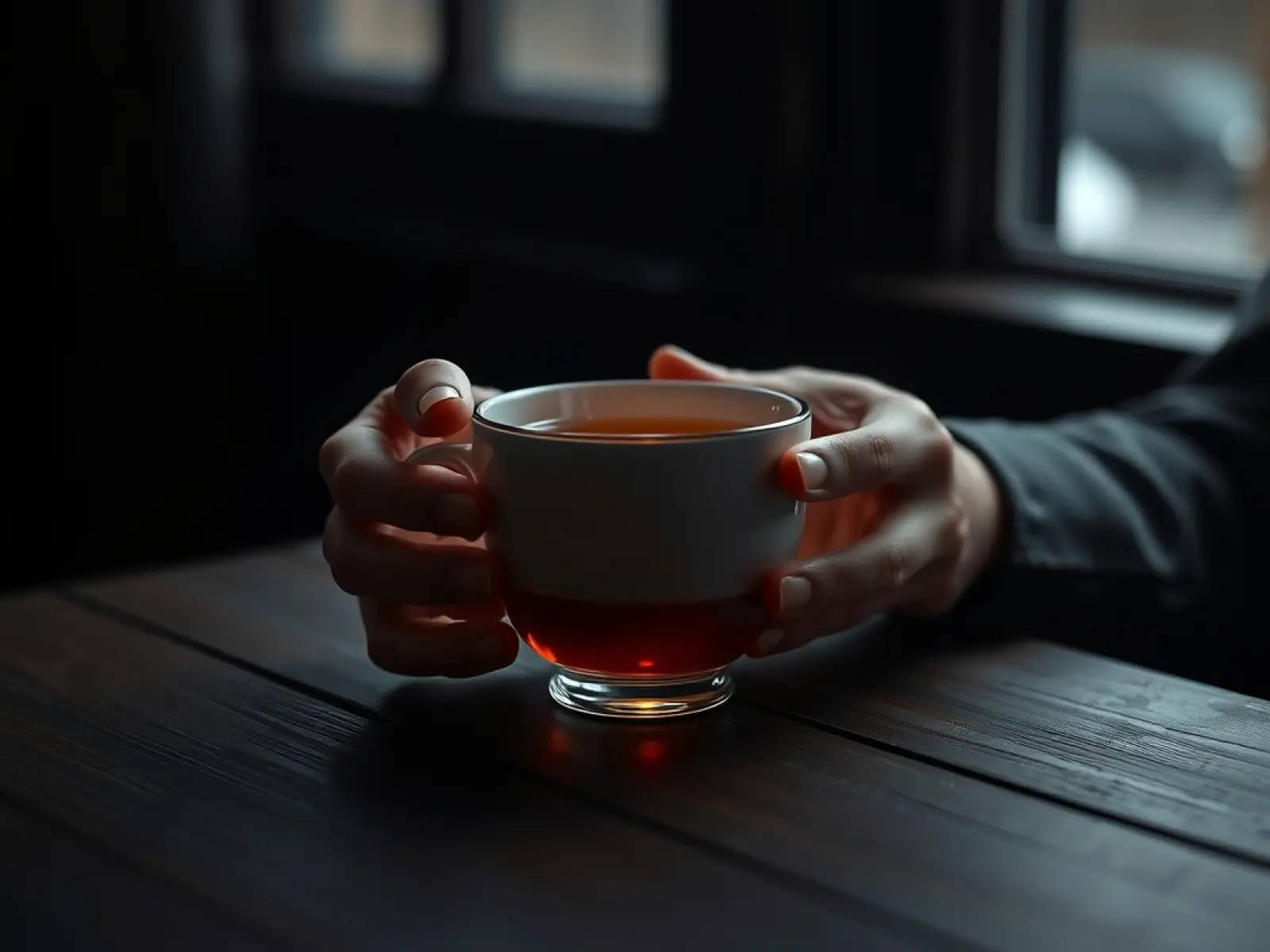 Hände mit Teetasse im warmen, ruhigen Licht